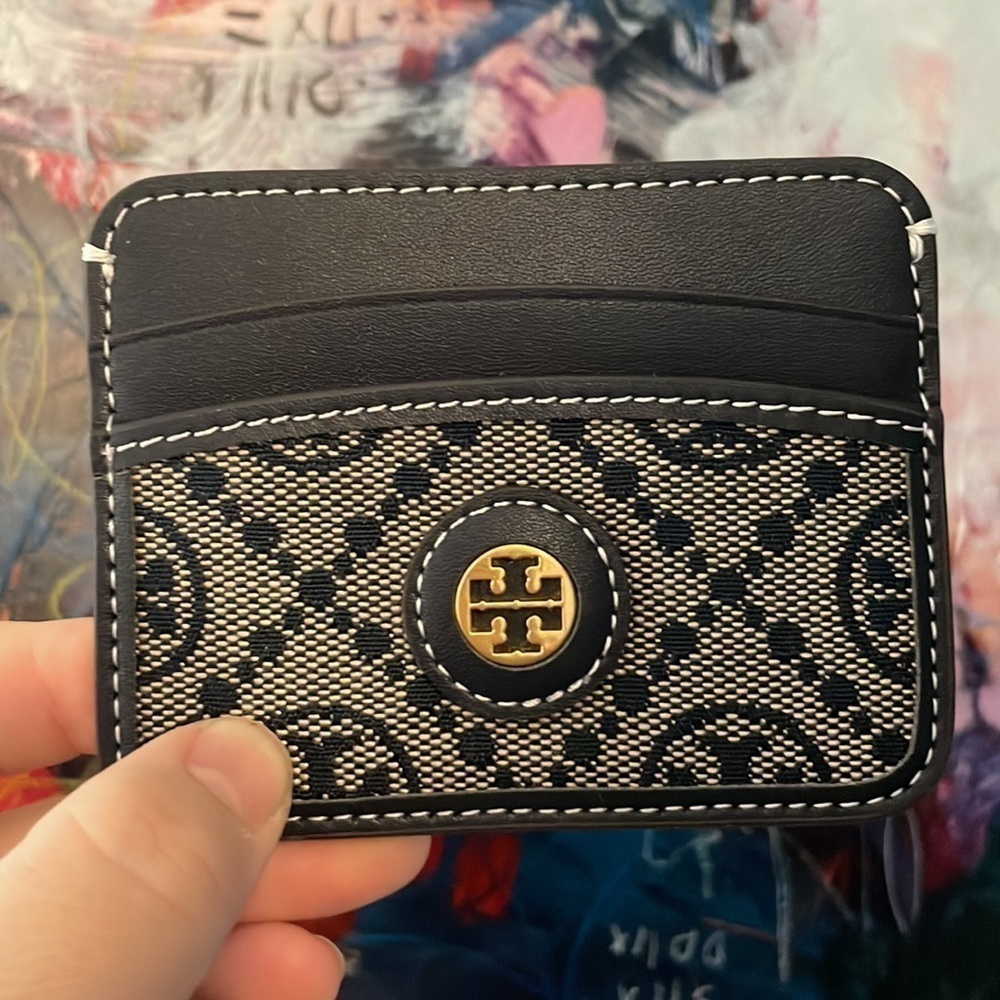 Tory Burch Kira Card Holder Black Monogram Logo Wallet Slim Card Case - Picture 2 of 3